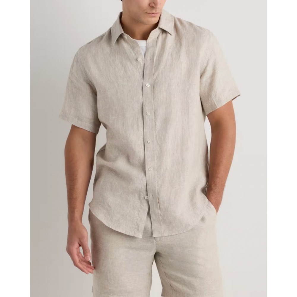 Quince Mens 100% European Linen Relaxed Short Sleeve Shirt Flax Beige Size M